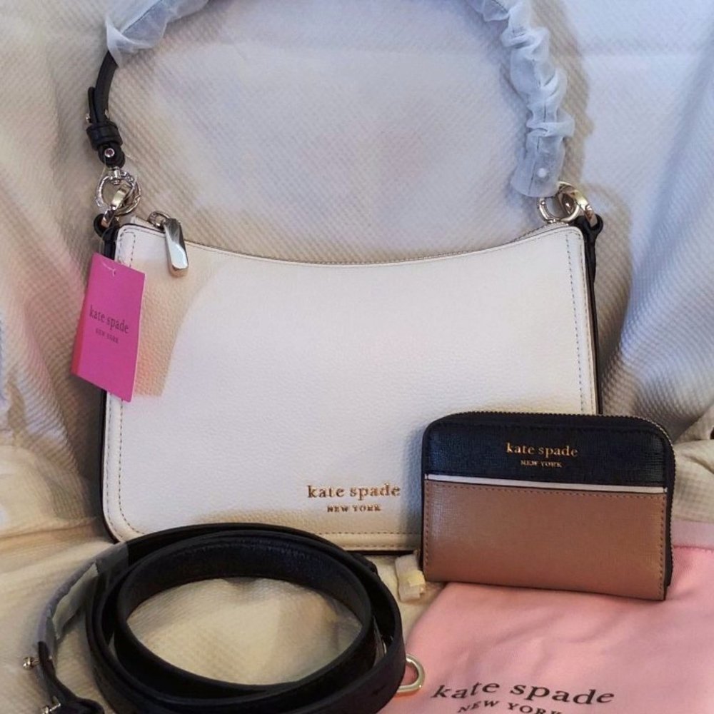 Kate Spade Colorblock Medium Hudson Bag w/Morgan Wallet in Ivory Mocha Taupe NWT